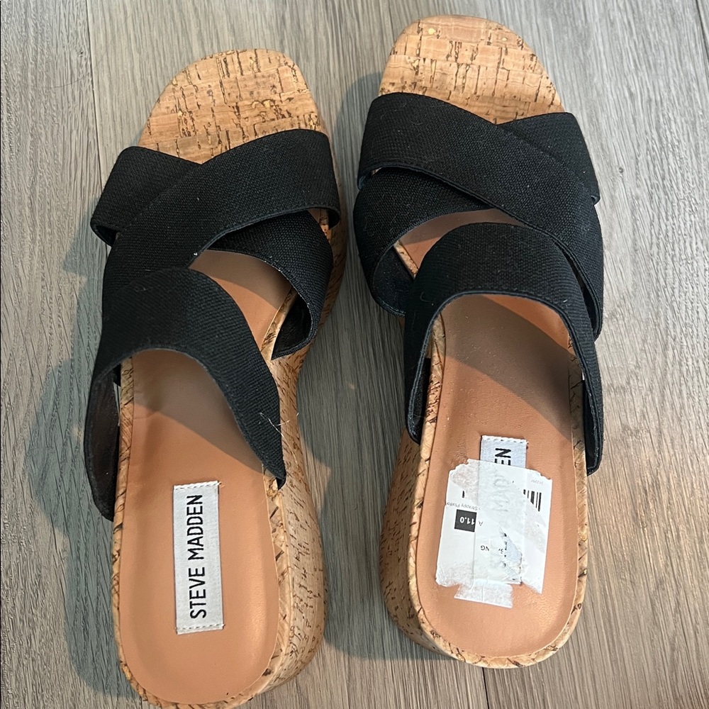 Steve Madden Black Cork Wedge Sandals